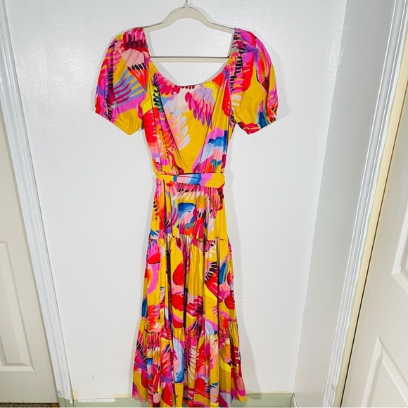 NEW FARM Rio Neon Macaws Tiered Maxi Dress Resortwear Vacation Tropical Bohemian - Picture 9 of 13